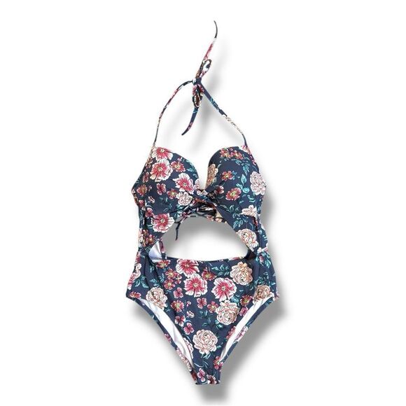 Shade & Shore Gray and Pink Floral One Piece Swimsuit Sz 36C - Picture 1 of 10